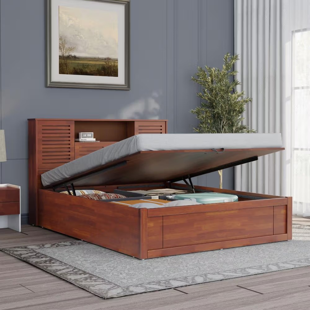 Natural Art & Crafts Aquari Handmade Premium Teak Wood Hydraulic Storage King Size Bed Modern Space Saving Design with Elegant Finish