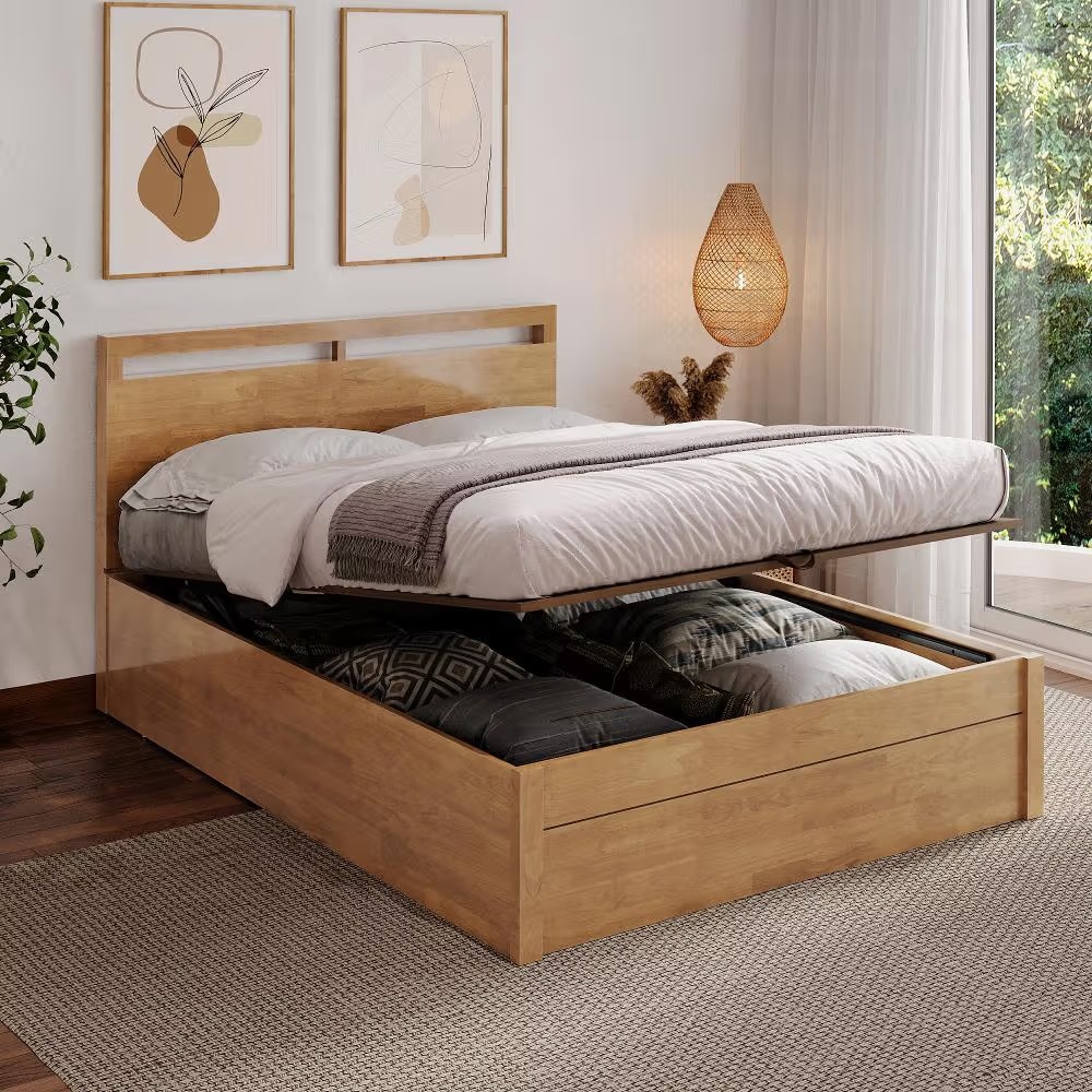 Natural Art & Crafts Crucis Handmade Premium Teak Wood Hydraulic Storage King Size Bed Modern Space Saving Design with Elegant Natural Finish