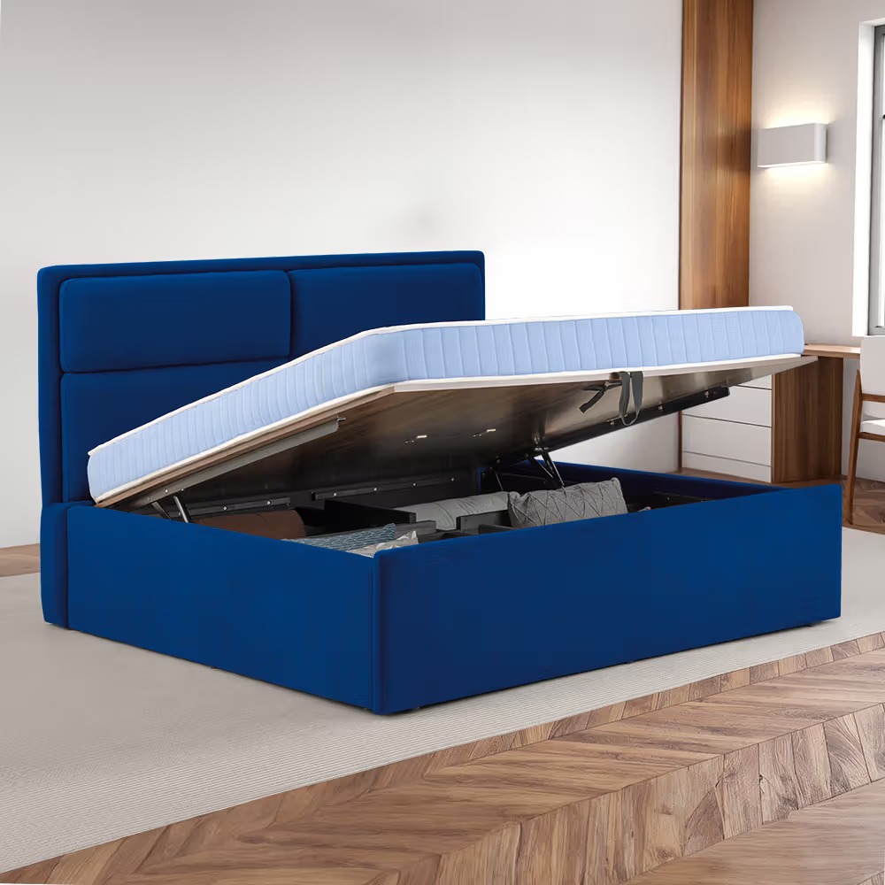 Natural Art & Crafts Zewail Handmade Premium Teak Wood Hydraulic Storage King Size Bed Modern Space Saving Design with Elegant Finish ( Blue )