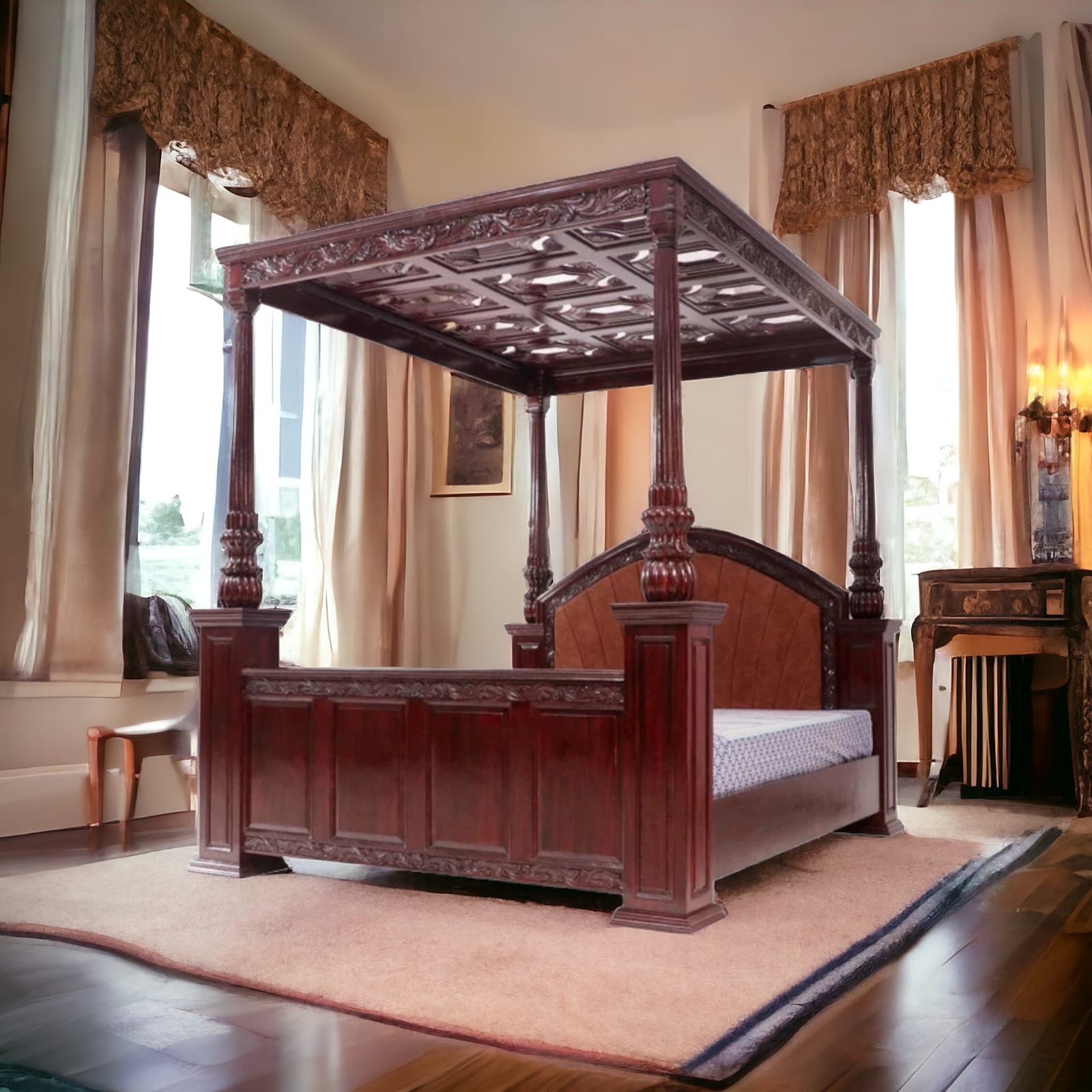 Classic Majestic Traditional Royal Hand Carved Teak Wood Poster Bed Elegant Vintage Carved Bed Frame for Luxury Bedroom