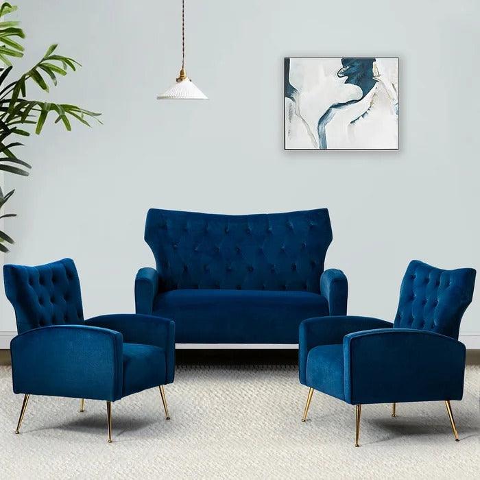 Natural Art & Craft Wooden Square Arm Loveseat Wing Back Chair Set 2+1+1 with Metal Legs ( Blue )