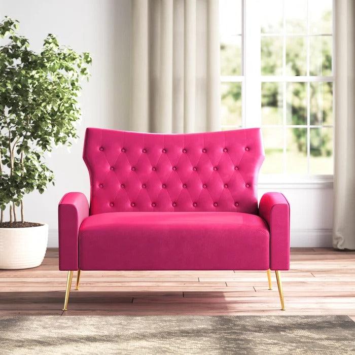 Natural Art & Craft Wooden Square Arm Loveseat Wing Back Chair Set 2+1+1 with Metal Legs ( Pink ) - Image 3