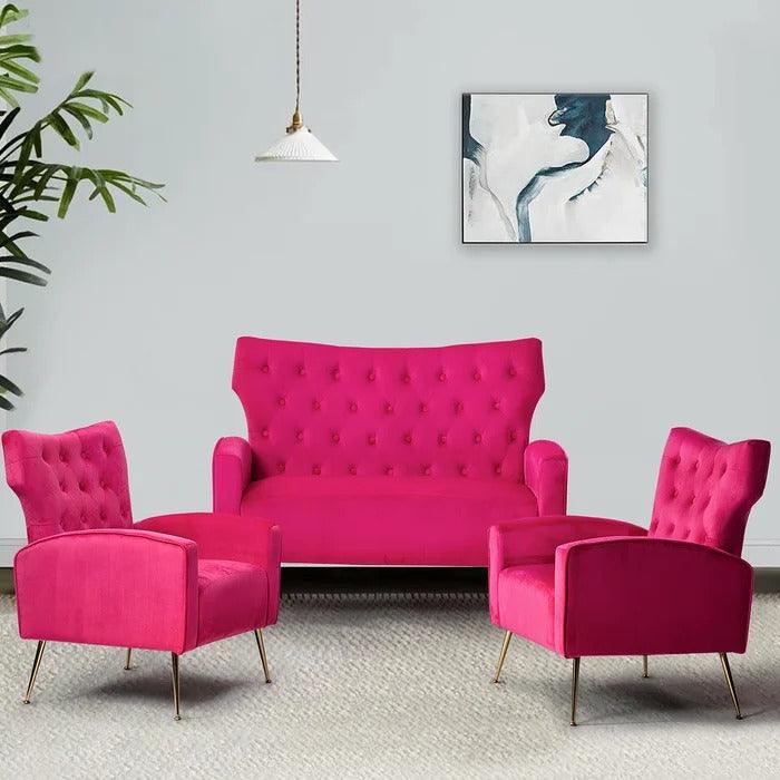 Natural Art & Craft Wooden Square Arm Loveseat Wing Back Chair Set 2+1+1 with Metal Legs ( Pink )