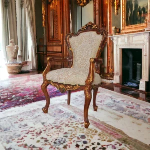 Deluxe Hand Carved Teak Wood Armchair for Elegant Living Room ( Golden )