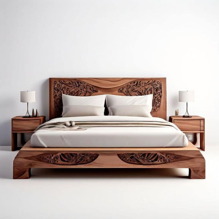 Slice Designer Hand-Carved Teak Wood King Size Bed with 2 Bedside Tables