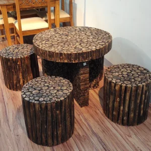 Alba Antique Poplar Wood Round Coffee Table Set with 4 Stools Rustic Handcrafted Vintage Style Living for Room