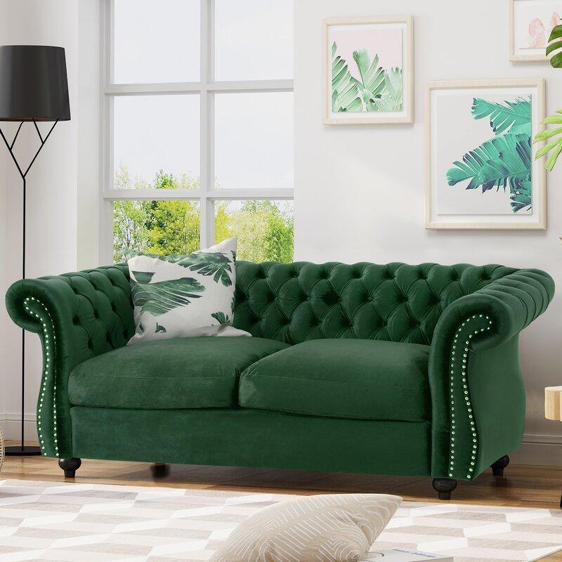 Graceful 2-Seater Velvet Fabric Button Tufted Rolled Arm Chesterfield Sofa ( Green )