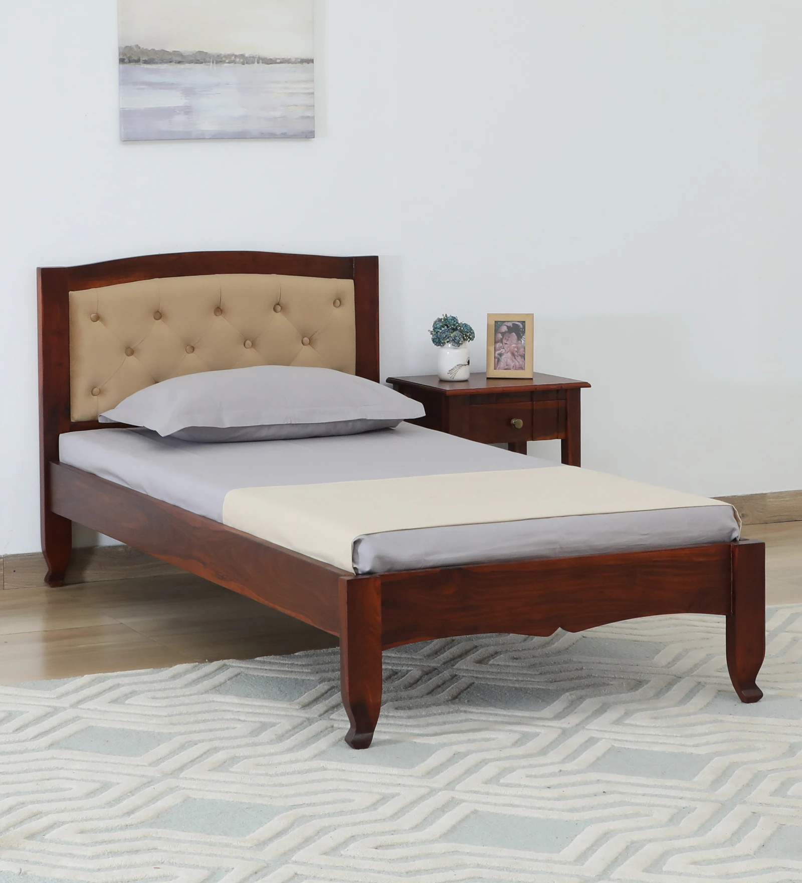 Natural Art & Craft Amiens Handmade Teak Wood Button Tufted Single Bed with Premium Upholstery Luxurious & Durable Wooden Bed for Bedroom