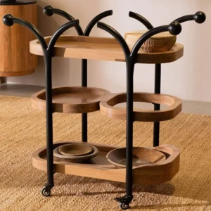 Andaman Designer Handmade Teak Wood & 3-Tier Bar Serving Trolley with Wheels for Home Bar & Dining Room (Black Finish)