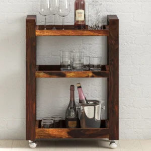 Avian Handmade Teak Wood 3 Tier Bar Serving Trolley with Wheels ( Provincial Teak Finish )