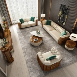 Fila Modern Luxury Faux Leather Teak Wood Button Tufted Chesterfield 3+2+1 Sofa Set with 1 Coffee Table and 2 Side Table for Living Room