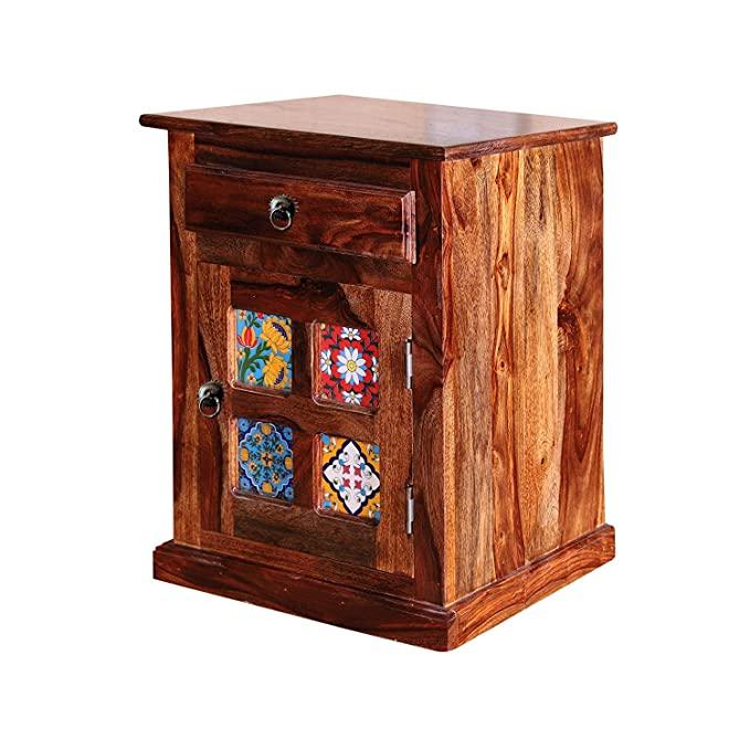 Solid Sheesham Bed Side (Tile) Table With 1 Drawer - Image 4