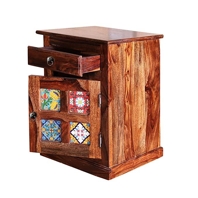 Solid Sheesham Bed Side (Tile) Table With 1 Drawer - Image 6