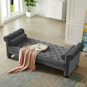 Flannel Entryway Button Tufted Teak Wood 3-Seater Bench with Rolled Arm Velvet Fabric