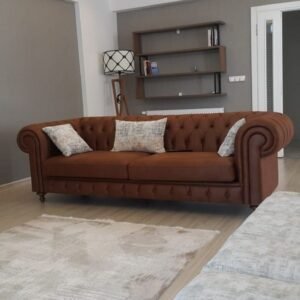 Solid (Teak Wood) Leatherette Upholstered Button Tufted Chesterfield Sofa Set for Living Room, Tan Color..