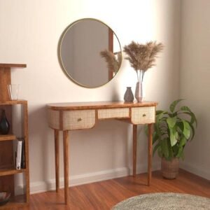 Decoy Curve Rattan Rosewood Console Table with 3 Drawers Elegant Entryway for Home Decor