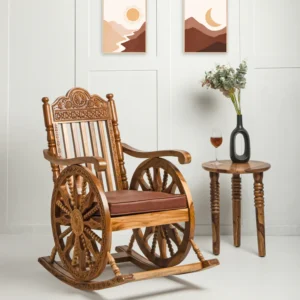 Natural Art & Crafts Rama Hand Carved Teak Wood Rocking Chair, Retro Wheel Design, Honey Finish Sturdy, Vintage, and Perfect for Living Room, Porch, or Patio