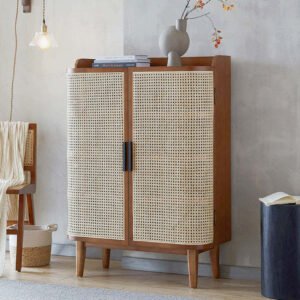 Eddy Teak Wood Rattan Shoe Rack Space-Saving Storage Organizer for Entryway & Hallway