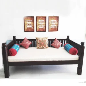 Marigold Handmade Rectangular Teak Wood Diwan Bed for Living Room Bedroom (Walnut Finish)