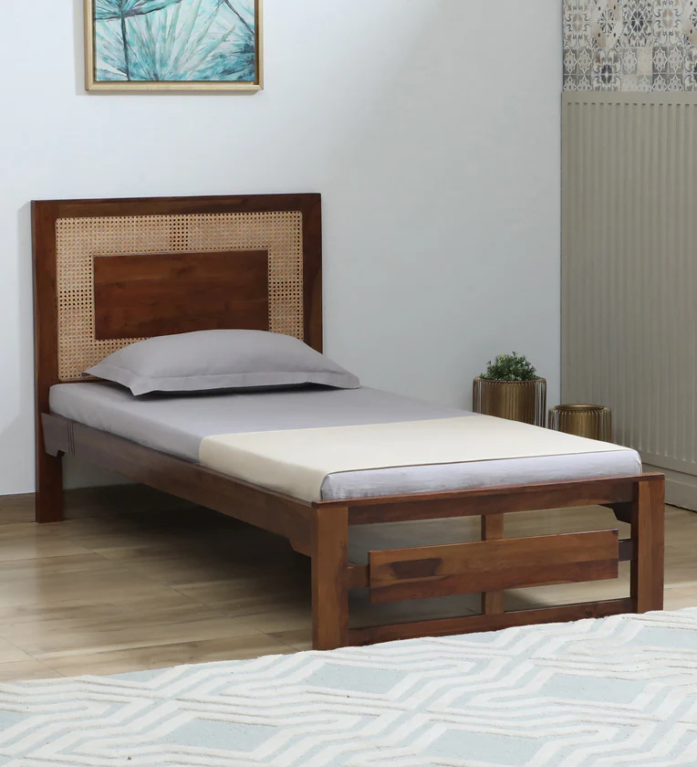 Dreamweaver Cane Single Bed Teak Wood Frame Luxury Space-Saving Design Handcrafted Modern Bed for Small Bedroom