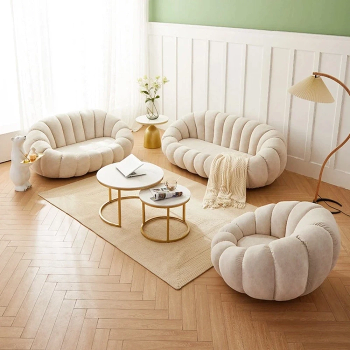 Modern Pumpkin Suede Rounded Teak Wood Button Tufted Chesterfield 3+2+1 Sofa Set with Coffee Table for Living Room