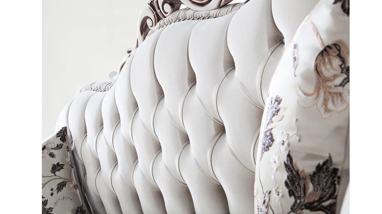 Hand Craved Estilo Tufted Teak Wood 3 Seater Sofa Set ( Silver ) - Image 3