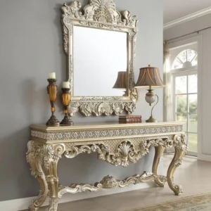 Hand Carved Traditional Style Teak Wood Console Table With Mirror Silver Leaf (Golden Finish)