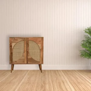 Oak Rattan Leaf Design Acacia Wood Sideboard Cabinet with 2 Doors
