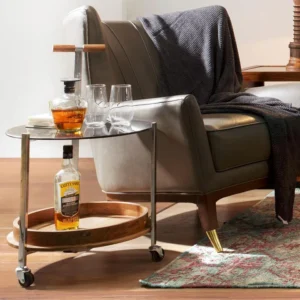 Natural Art & Crafts Nimbus Round 2-Tier Stainless Steel, Black Glass Bar Serving Trolley with Wheels (Nickel Finish)