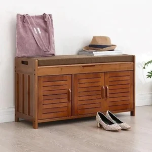 Bamboo Wood 3 Door Shoe Rack Cabinet with Seat