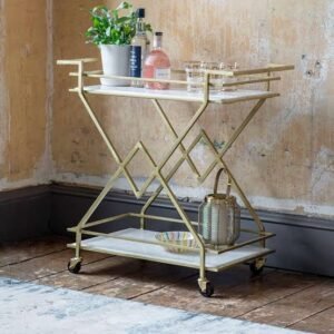 Zigzag X-Stylish 2-Tier Iron Bar Serving Trolley with Wheels (Gold and White)