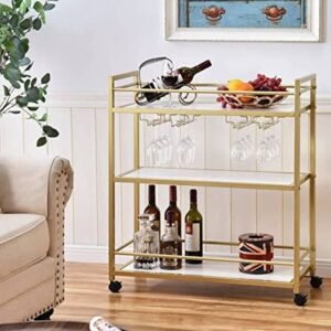 Trendy Rectangle Stylish 3-Tier Iron Bar Serving Trolley with Wheels (Gold and White)