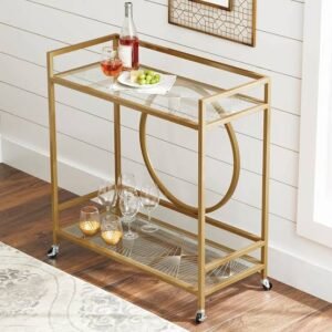 Rectangular 2-Tier Iron Glass Bar Serving Trolley with Wheels ( Gold )