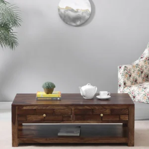 Indus Handmade Teak Wood Storage Coffee Table with 2 Drawers (Provincial Teak Finish)