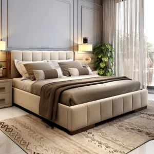 Elegant Luxury Teak Wood Upholstery King Size Bed for Modern Bedroom