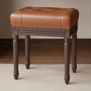 Vintage Tufted Design Square Faux Leather Ottoman Stool ( Brown )