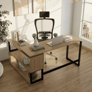 L-Shaped Executive Office Desk Laminated Top with Steel Base and 2 Racks