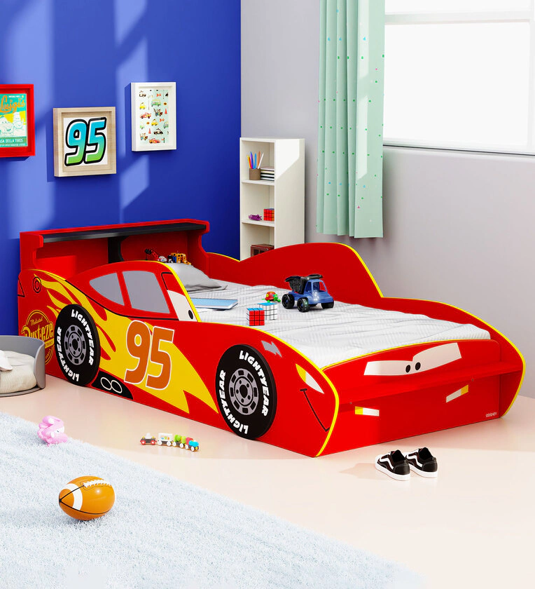 Car Design Plush Look Teak Wood Kids Bed for Girls and Boys ( Red )