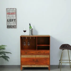 Lima Handmade Teak Wood Bar Cabinet Stylish Liquor and Wine Storage Cabinet for Glasses and Bottles Modern (Honey Oak Finish)