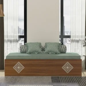 Exotic Printed Design Handmade Rectangular Teak Wood Diwan Bed with Storage for Living Room Bedroom