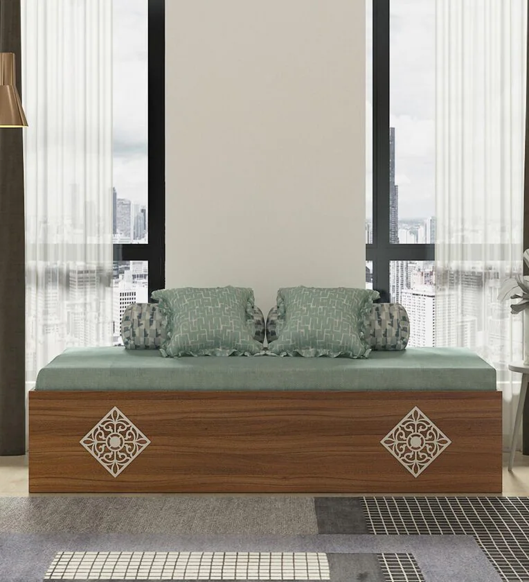 Exotic Printed Design Handmade Rectangular Teak Wood Diwan Bed with Storage for Living Room Bedroom