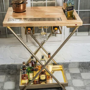 Elegant Handmade Teak Wood 2-Tier Bar Serving Trolley with Wheels for Home Bar & Dining Room (Matte Gold Finish)
