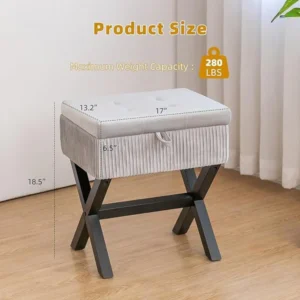Vanity Velvet Fabric Square Solid Wood Ottoman Stool ( Grey )