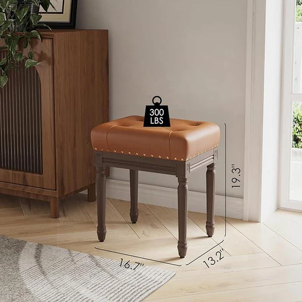 Vintage Tufted Design Square Faux Leather Ottoman Stool ( Brown ) - Image 3