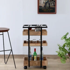 Neutal Handmade Teak Wood 3-Tier Bar Serving Trolley with Wheels (Natural Finish)