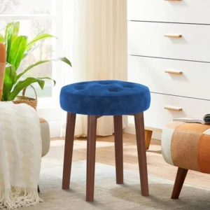 Vanity Tufted Design Round Stool, Upholstered Soft Velvet Dressing Table Stool ( Blue )