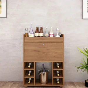 Olga Handmade Teak Wood Bar Cabinet Stylish Liquor and Wine Storage Cabinet for Glasses and Bottles Modern Rustic Design (Knottywood Finish)