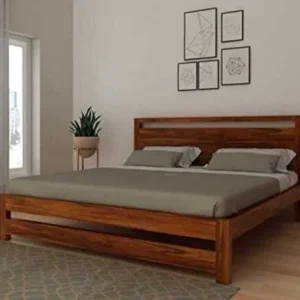 Plain Design Handmade Teak Wood King Size Bed Luxurious Honey Finish, Elegant for Bedroom Decor