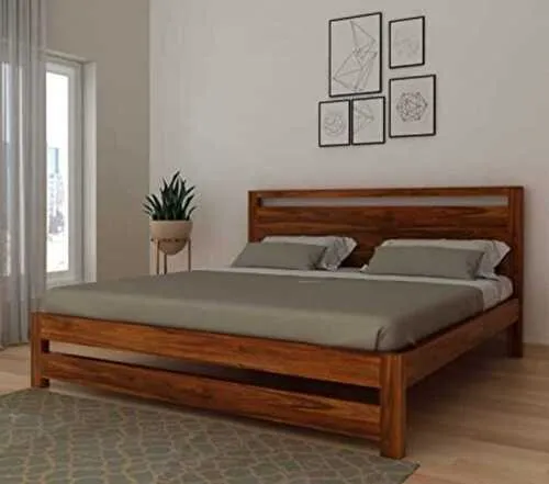Plain Design Handmade Teak Wood King Size Bed Luxurious Honey Finish, Elegant for Bedroom Decor