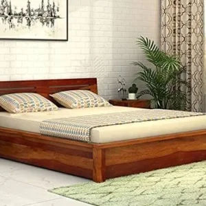 Handmade Teak Wood King Size Bed Luxurious Honey Finish Elegant Bedroom Decor Varnish Plain Design